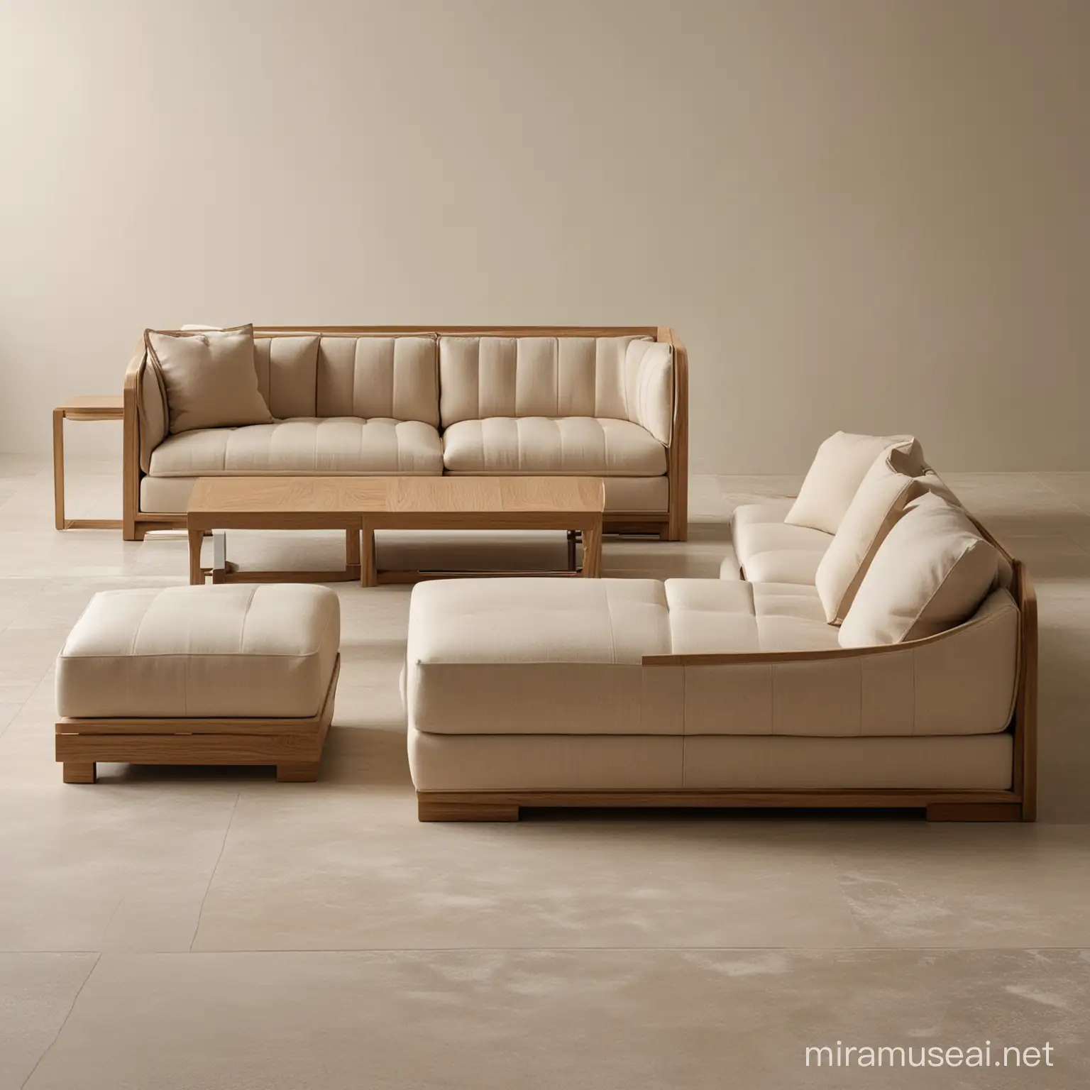 Modern Streaked Oak Living Room Furniture Set in Light Linen Fabric