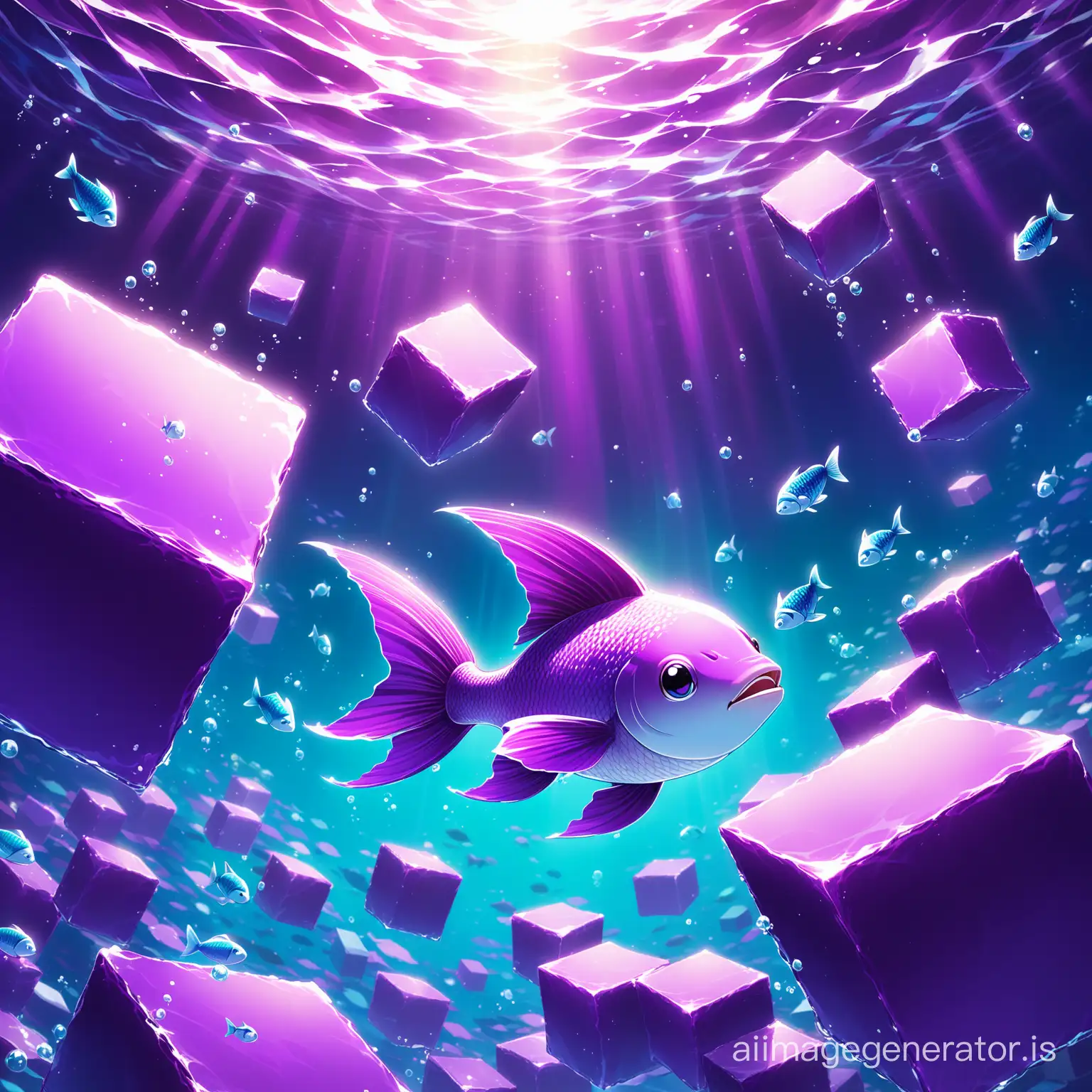 Happy Cute Flying Fish in Detailed Purple Sea with Floating Blocks | AI ...