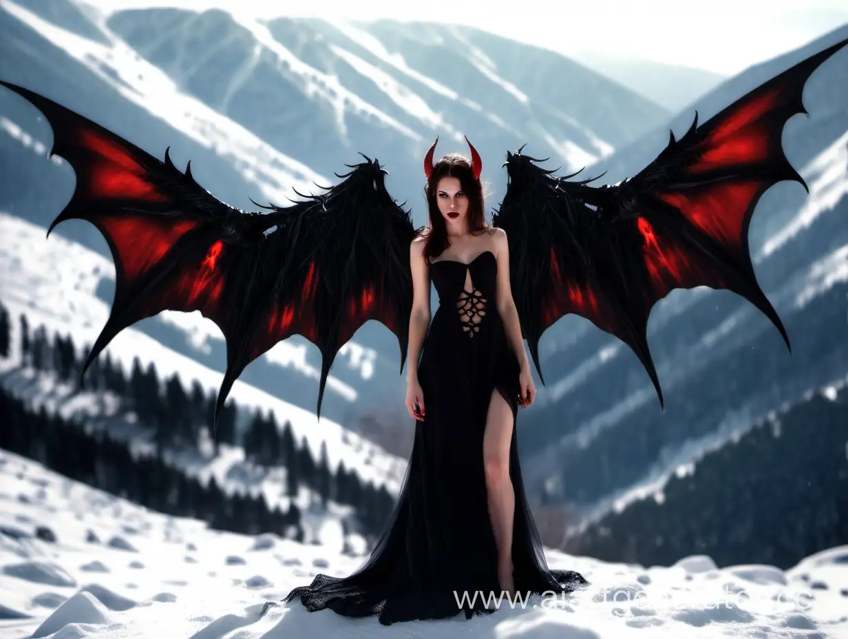 Брюнетка с крыльями демона в снежных горах