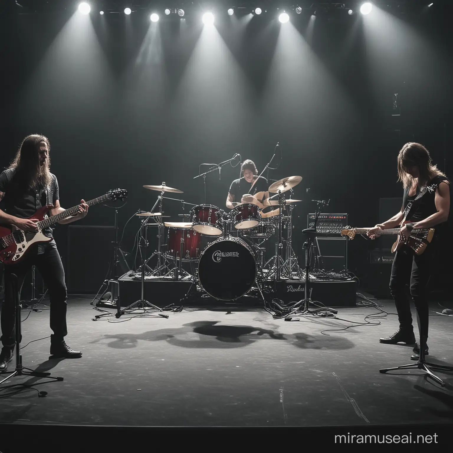 4 people playing musical instruments guitar, drums, bass, piano surround the vocalist,close up, full body detiles from head to foot on the stage.