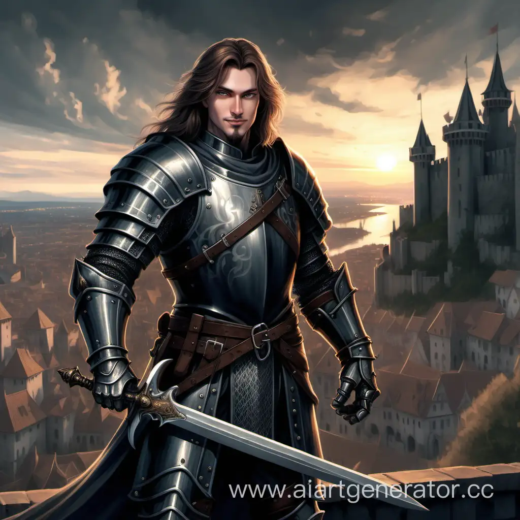 Нарисуй, пожалуйста, человека с загадочной улыбкой и длинными волосами, в вороненых стальных доспехах максимилиана. в левой и правой руке он держит меч. Фон средневековый город на рассвете, с крепостью в дали