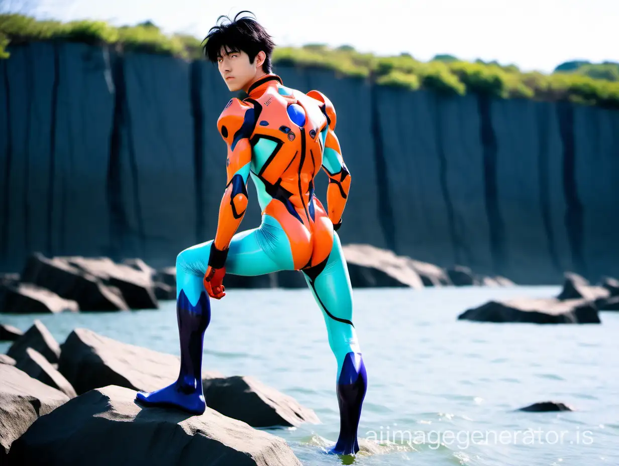 Photo of a Japanese male high school student is wearing a Neon Genesis Evangelion pilot suit. One foot on the rock and another foot in the water. light blue tights. black hair. he has turned his back to me. strong sunlight.