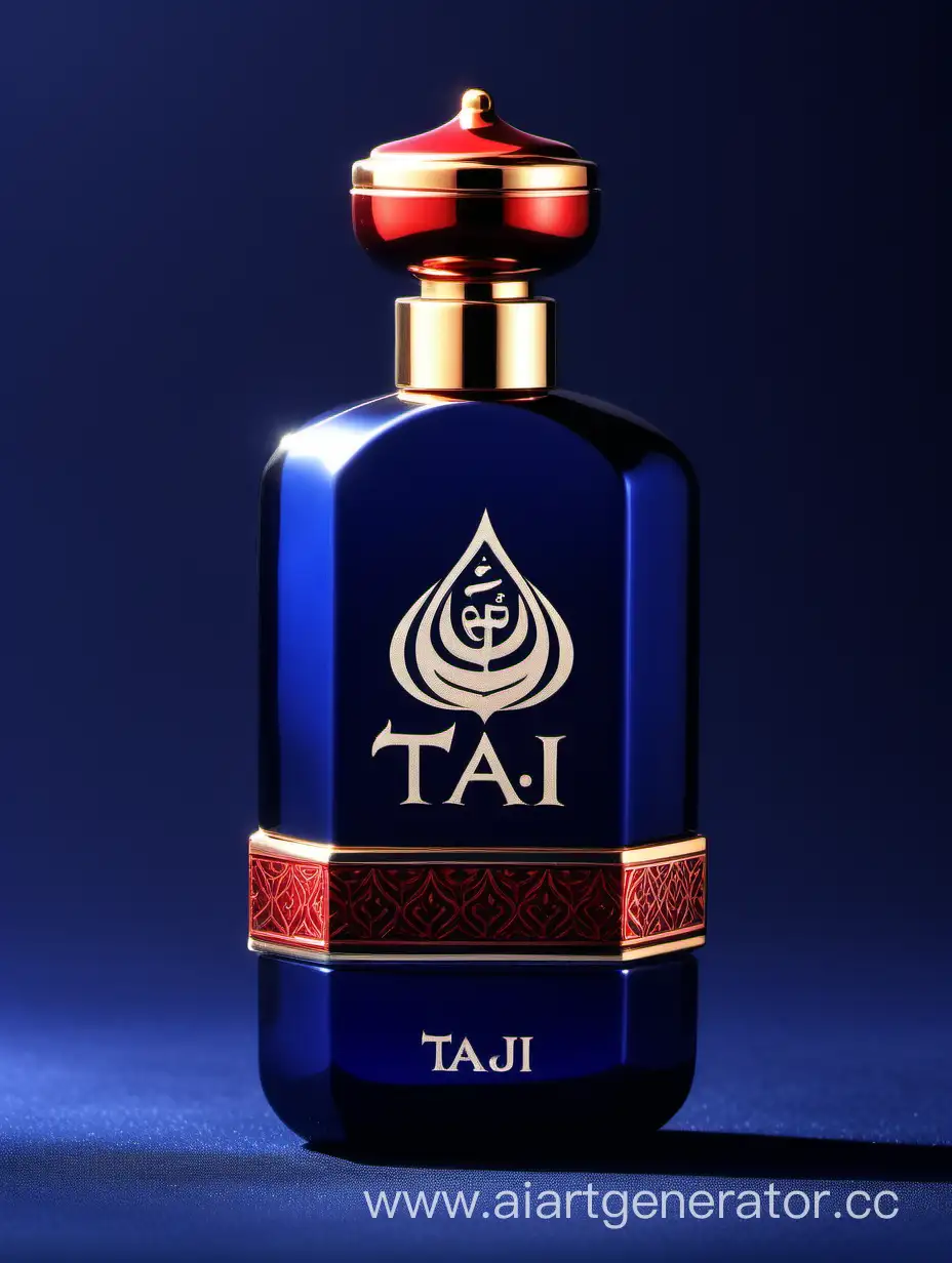 A luxurious Dark Blue Red and white double layers perfume with a elegant zamac cop ((taj text logo))