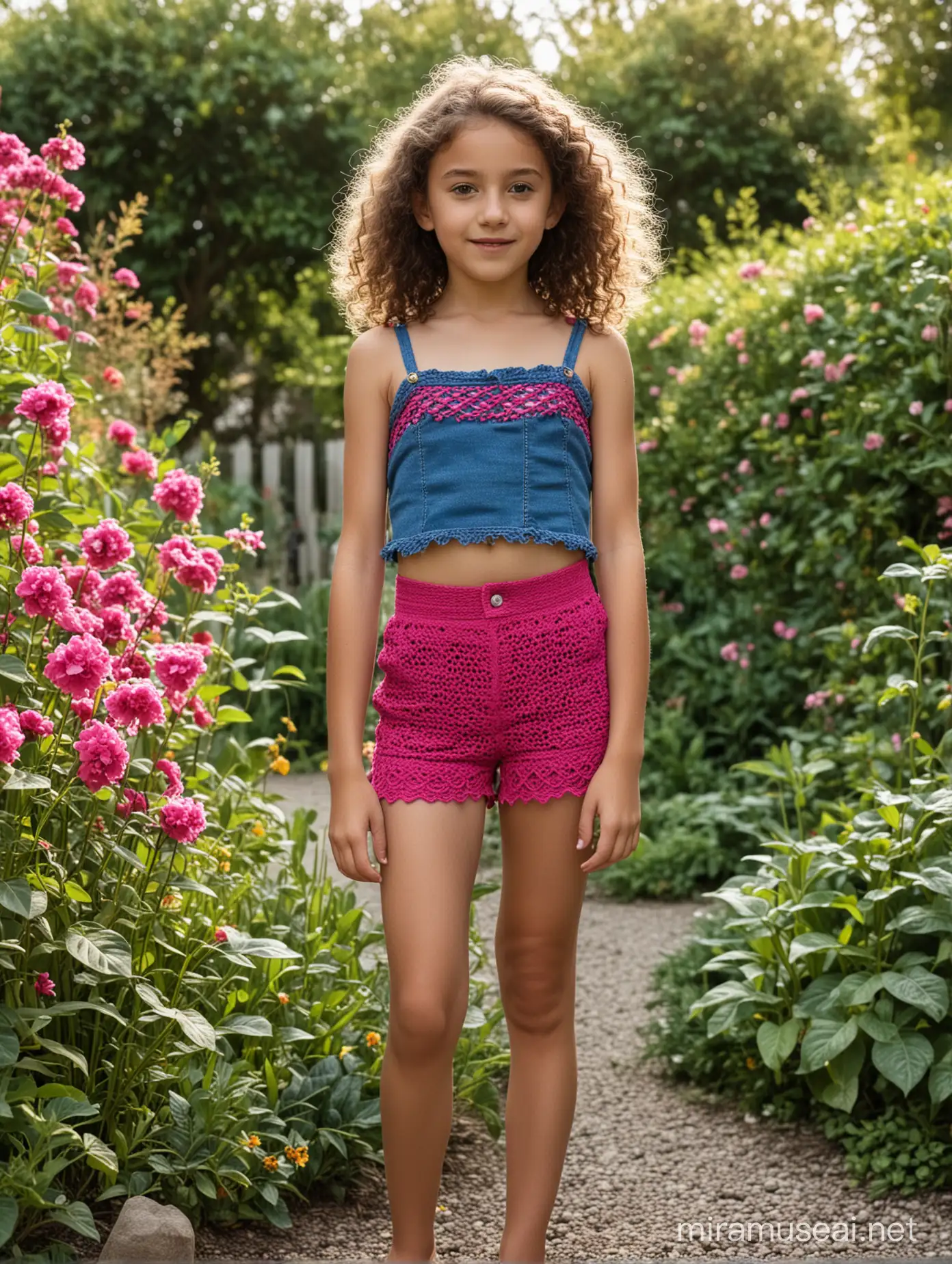 A 11 years old girl, wearing fuchsia cropped crochet sleeveless strappy top + short denim skirt, in garden
