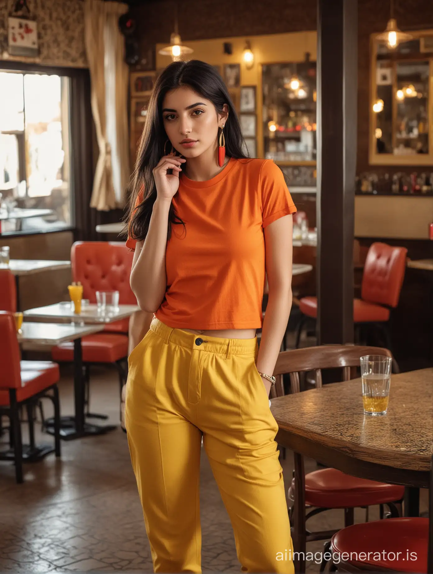 iranian woman 20 years old, orange T shirt, yellow pants, white sneakers, red earrings, black hair, standing in the middle of a vintage restaurant ,full body shot, dramatic light