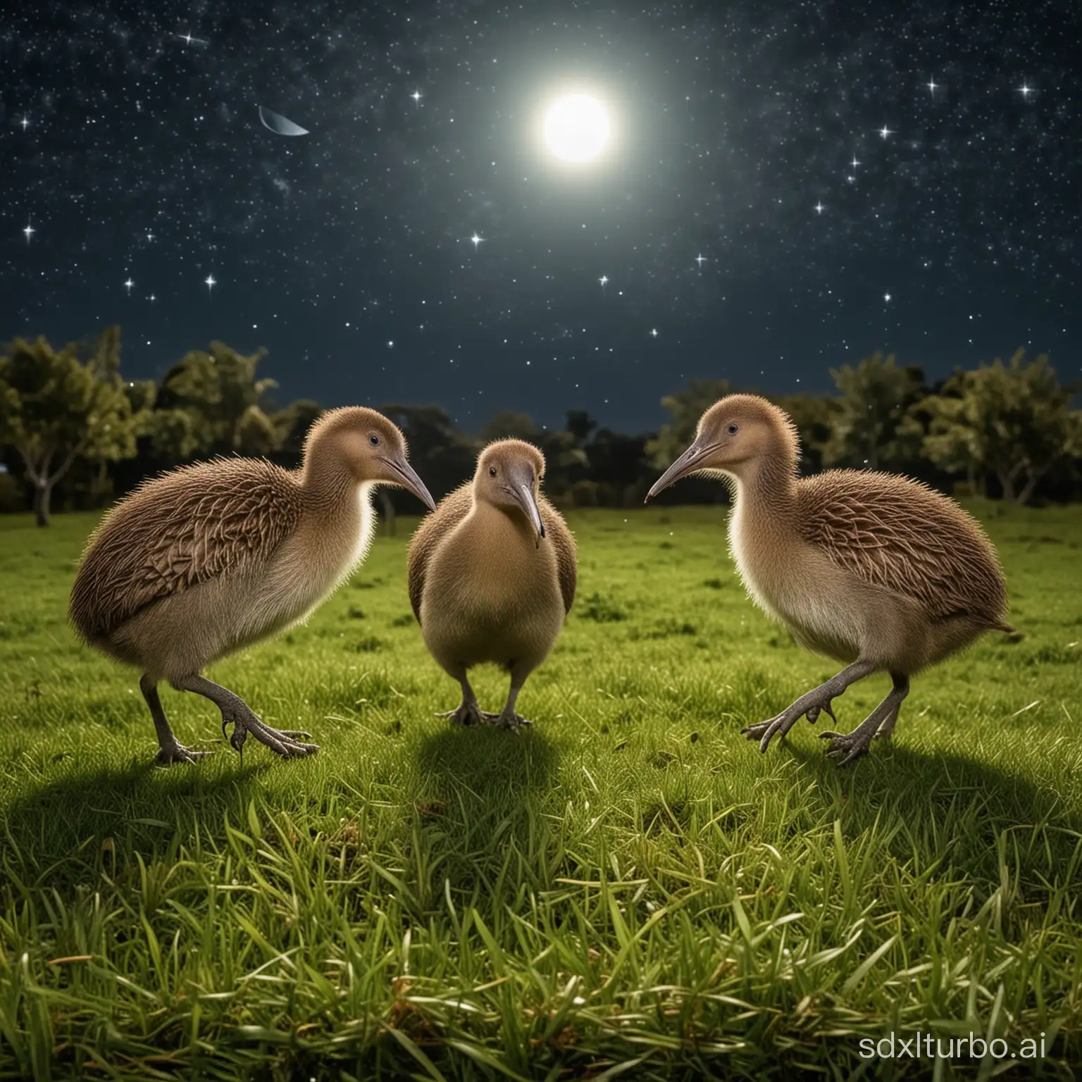 3 Kiwi birds  walking on grass, night, starry and moon