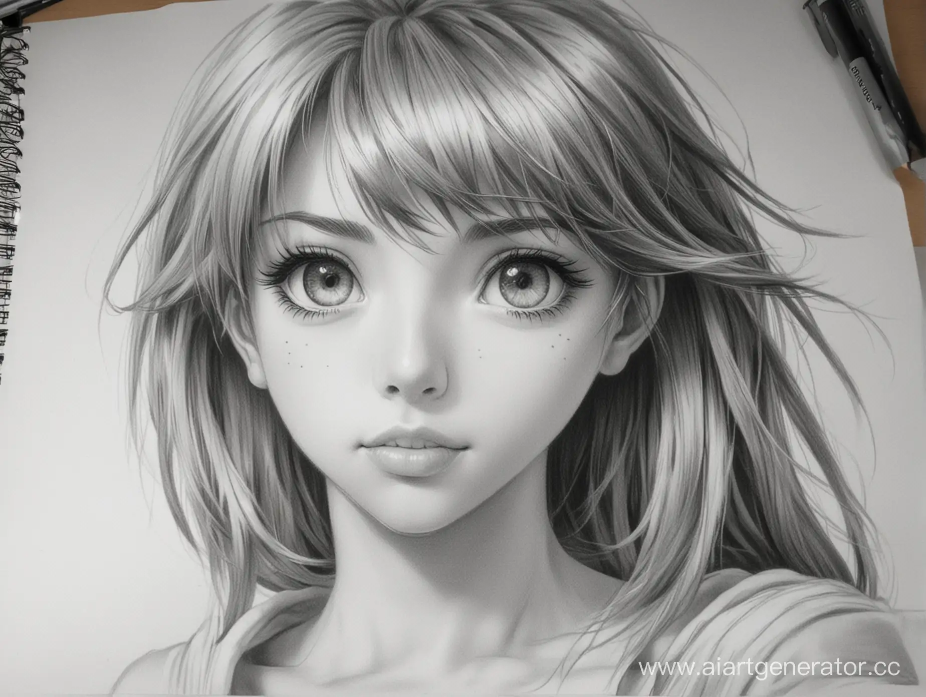 Realistic photo on an anime album drawing drawn in pencil
