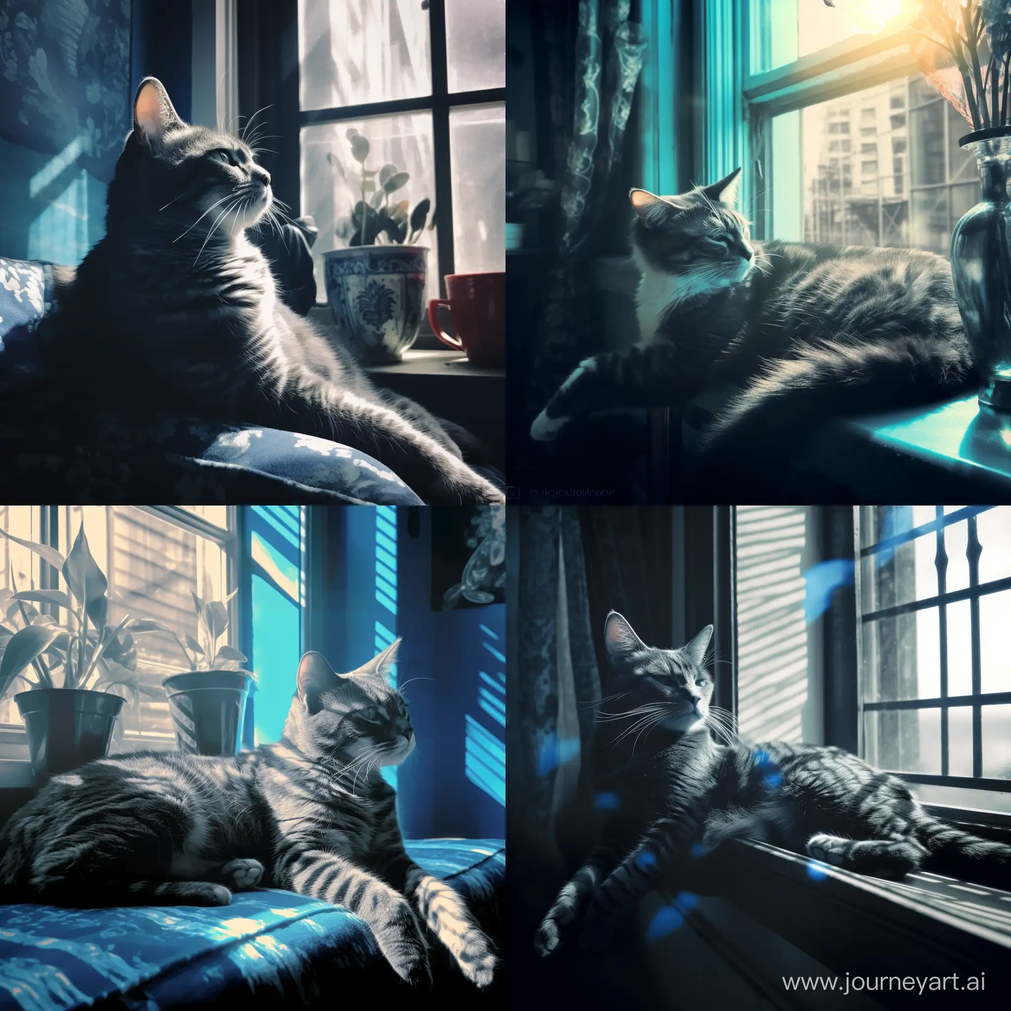 Duotone, голубая кошка с черными узорами лениво разлеглась на фоне окна, мягкий свет проникает через окна отбрасывая блики на кошку