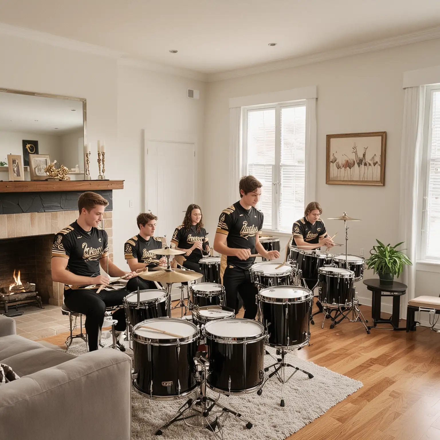 high school marching band drummers inside living room