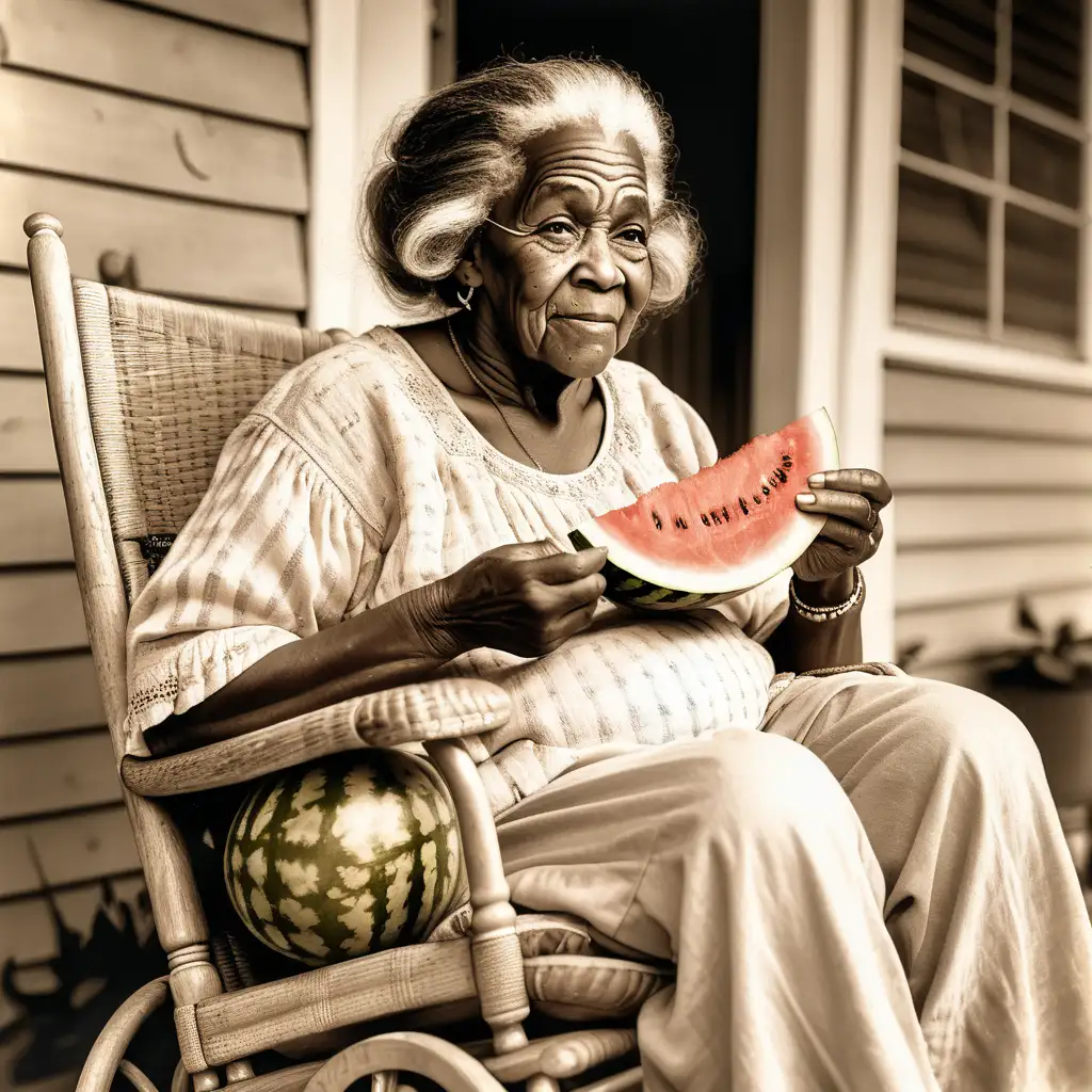 Hyper realistic sepia colored beautiful elderly black grandmother sitting in her rocking chair with long gray hair eating a piece of watermelon, in the year 1904 Louisiana, watching her grandchildren in the hot sun, running around outside playing eating watermelon