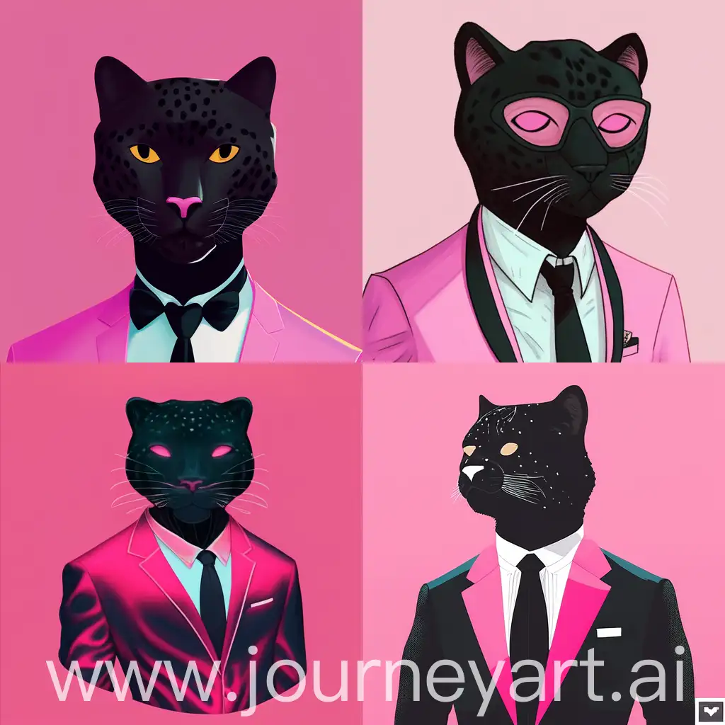 Oliver Jeffers art style of a black jaguar cat as a man in a pink suit , suitable for a profile picture.