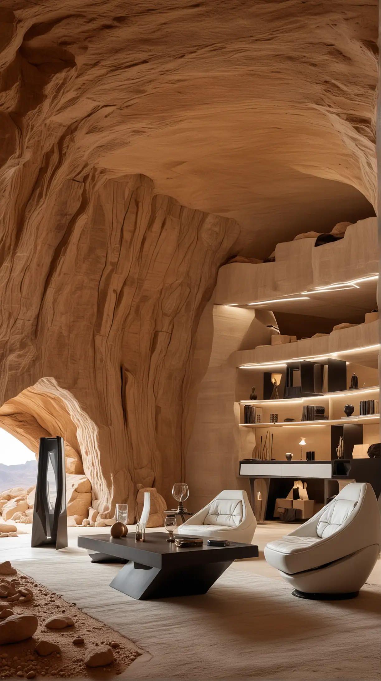 futuristischer Innenraum in einem Höhlengewölbe in der Wüste, hochmoderne Designermöbel