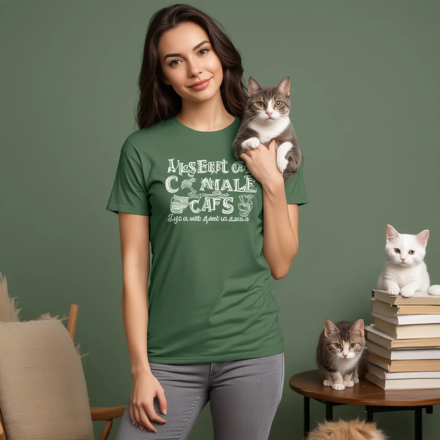 a mockup for a dark sage green tee.  the model should be female.  she should be holding a cat and the background should be an apartment with more cats in it