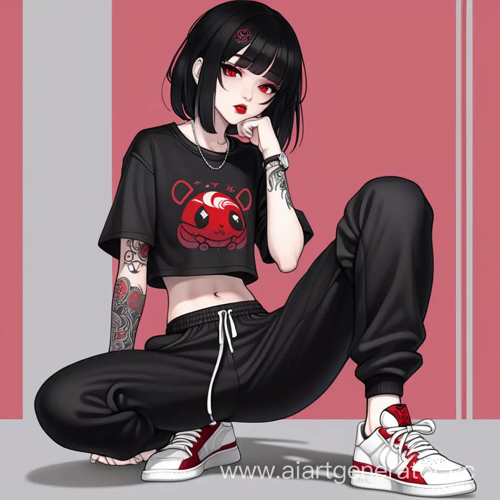 An evil and cute anime girl goddess with jet black hair, ruby red eyes, red lips, a few tattoos, a black short sleeved crop top, black and red sweat pants, white sneakers