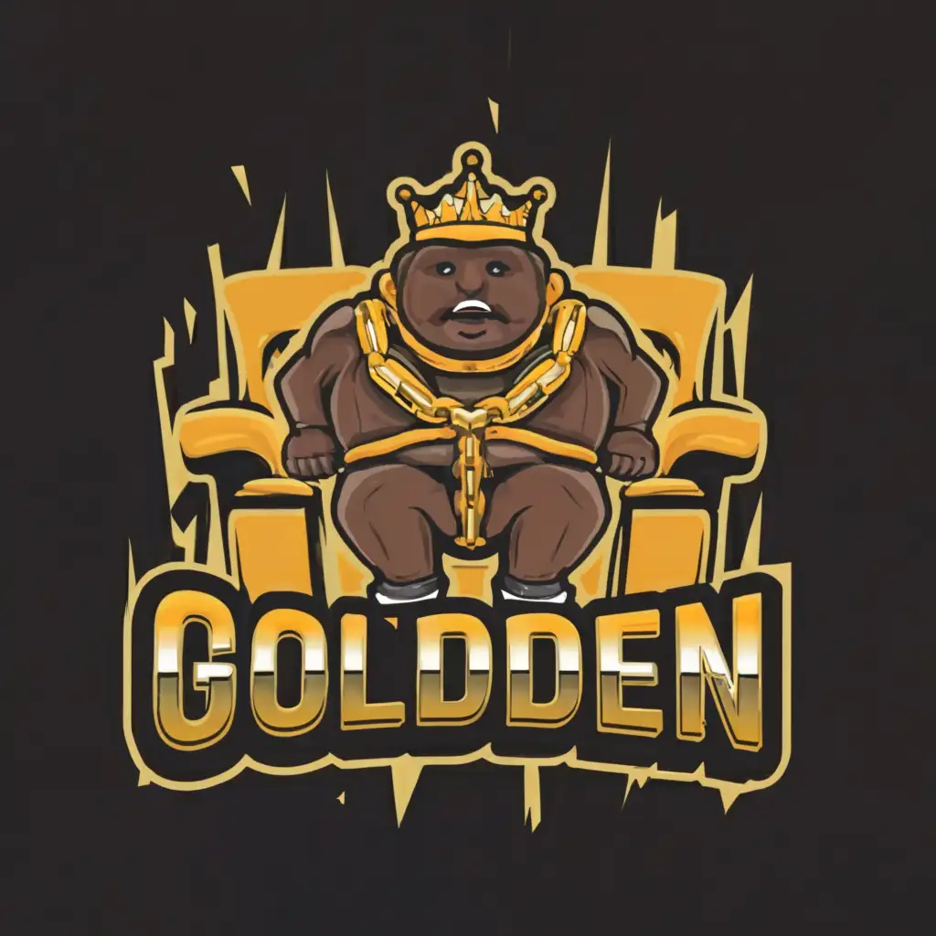 a logo design,with the text "Golden", main symbol:put a fat black dude with 3d logo text "Golden", with a broken chair in the back,complex,clear background