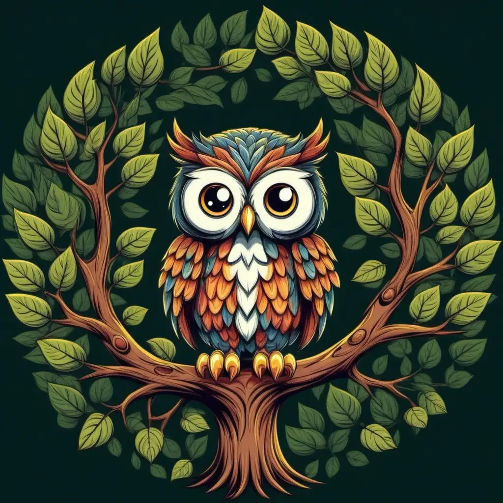 Cartoon owl in a tree in the forest, leaves, 7 colors in image, design for a t-shirt