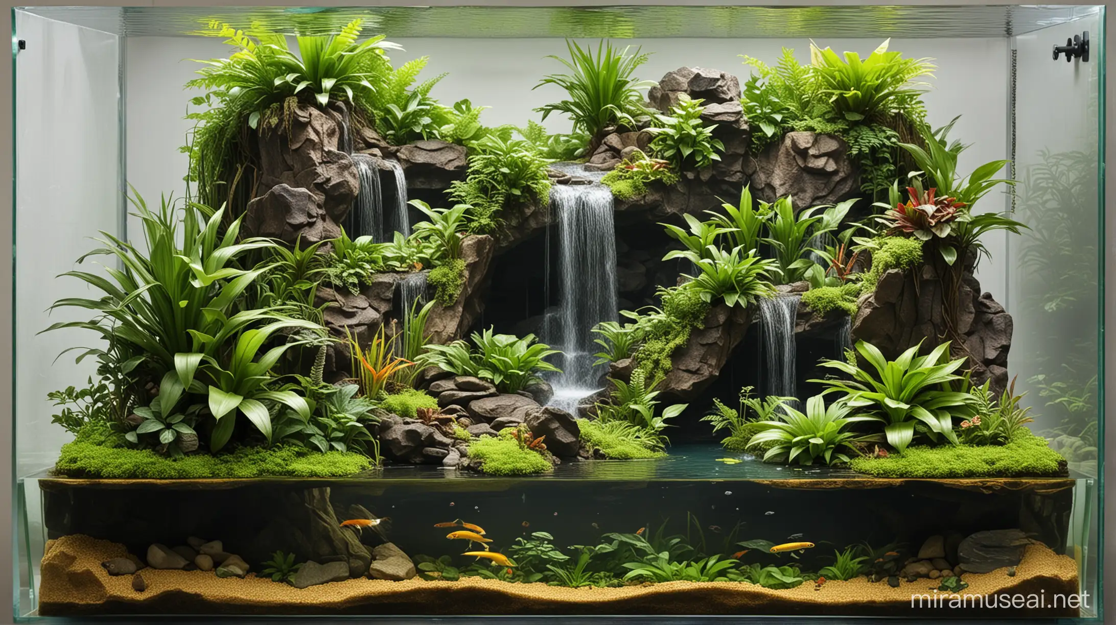 Tropical snake paludarium with high cliff waterfall and lake-side.