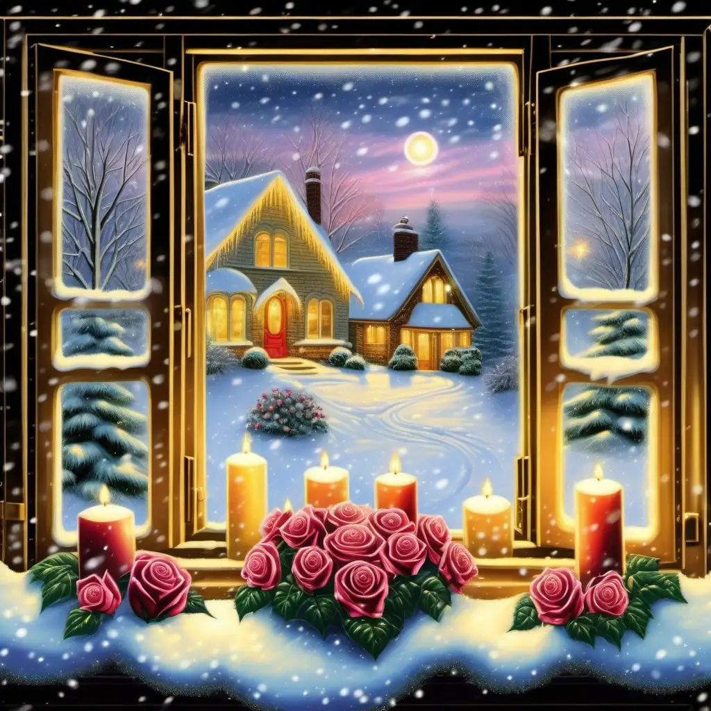 Carve glowing melting candles sitting in a window sill, snow falling outside the window, beautiful bi colored roses, glitter filigree glowing transparent sparklecore, Thomas kinkade 