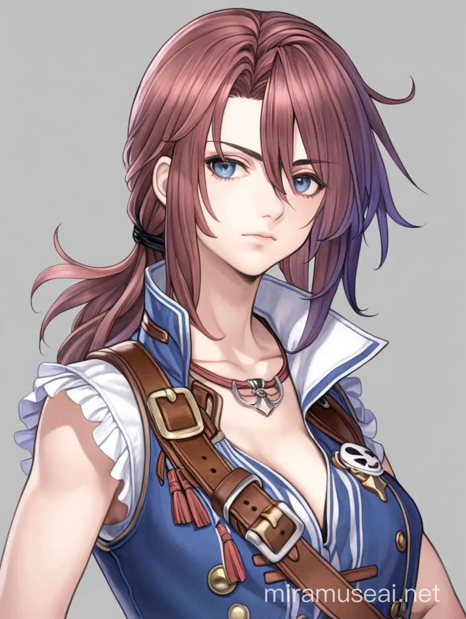 jrpg, adult woman, confident, tomboy, sexy, fantasy, pirate, sleeveless, another eden, waist up fully in view, portrait, no background, facing slightly to the side, staring at the camera