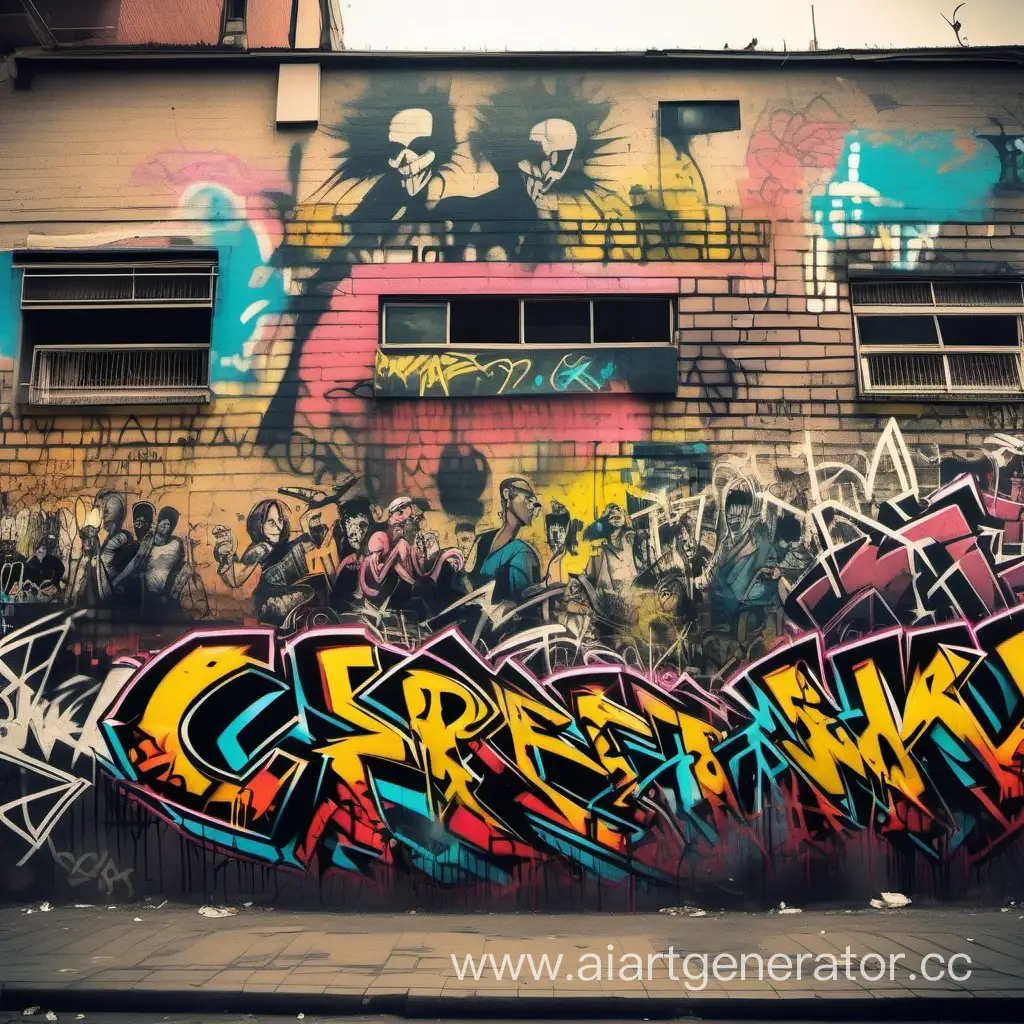 Панорама улицы: Стены граффити оживают, выражая бунт и свободу. Звуки панк-музыки начинают нарастать, создавая атмосферу предвестия. комикс стиль