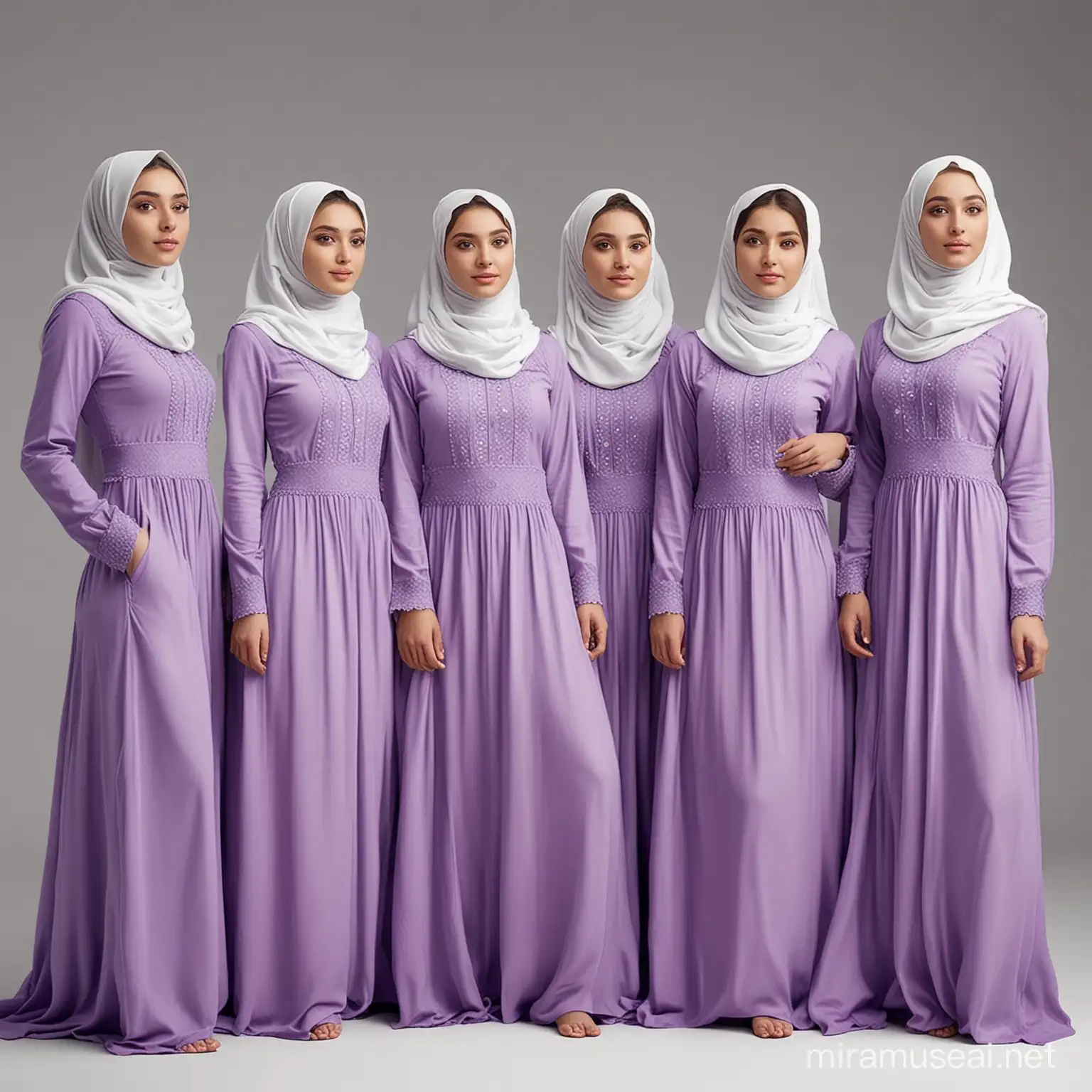 Tujuh gadis ber jilbab, cantik cantik, memakai gaun warna ungu , baiground layar studio putih, super realistis, wajah asli manusia
 full body.
