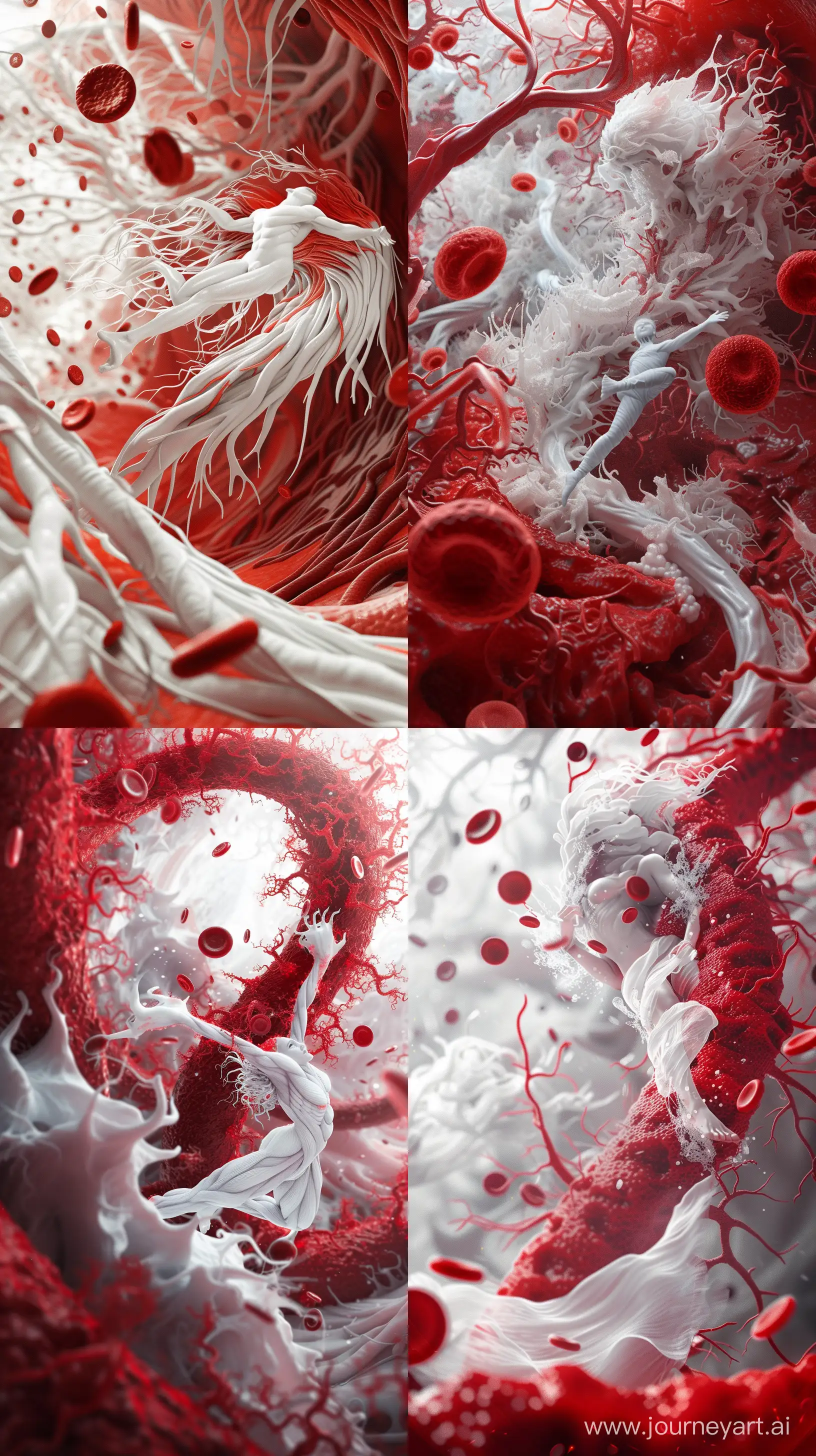 A digital art piece of a Alberto fernandez as a white blood cell, dynamic pose, traveling through a detailed artery, red and white. Background of soft tissue and blood cells, sharp focus on the person, soft on the surroundings. Use of vivid lighting, high contrast, hd quality, natural look --ar 9:16 --v 6.0