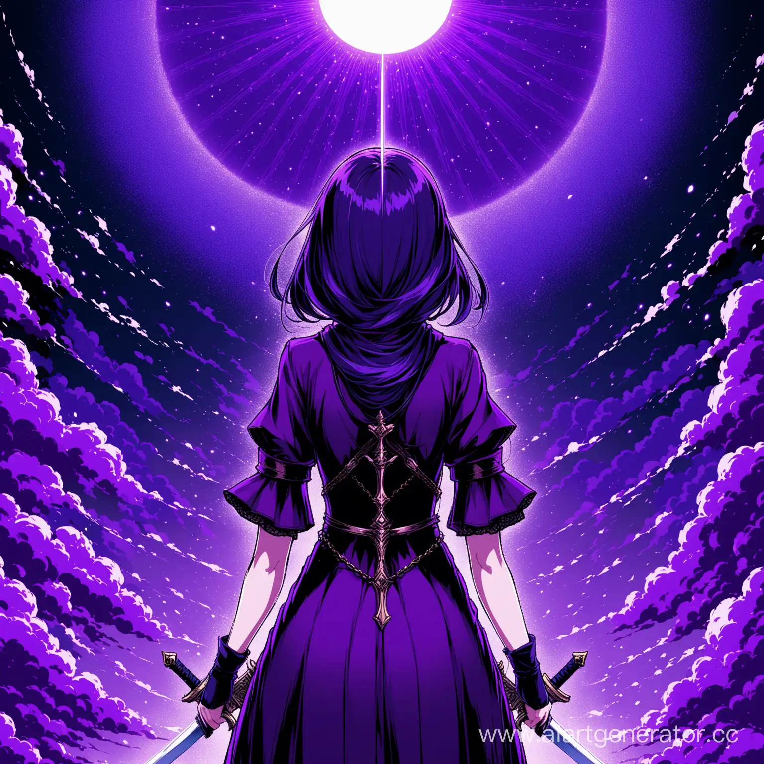 an anime girl with a sword in an 32-bit style, predominantly in shades of purple and blue. Let her be depicted with her back turned, adding an element of intrigue and mystery to the artwork. I'm looking for something unique and mystical that captures attention with its style and atmosphere.