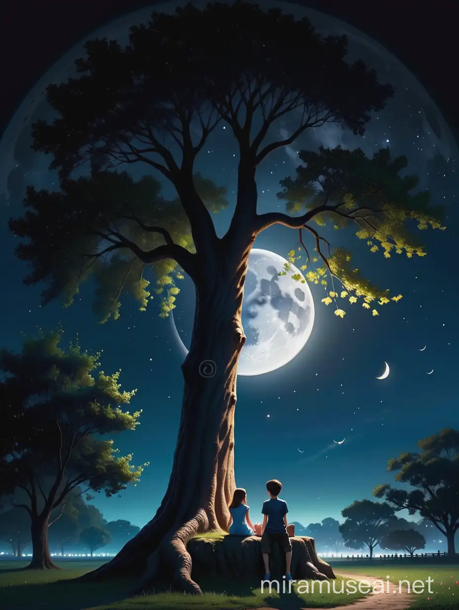 Big tree in the corner and new moon in the middle top, in the night moon's light one boy's and girl's shadow sitting on banch