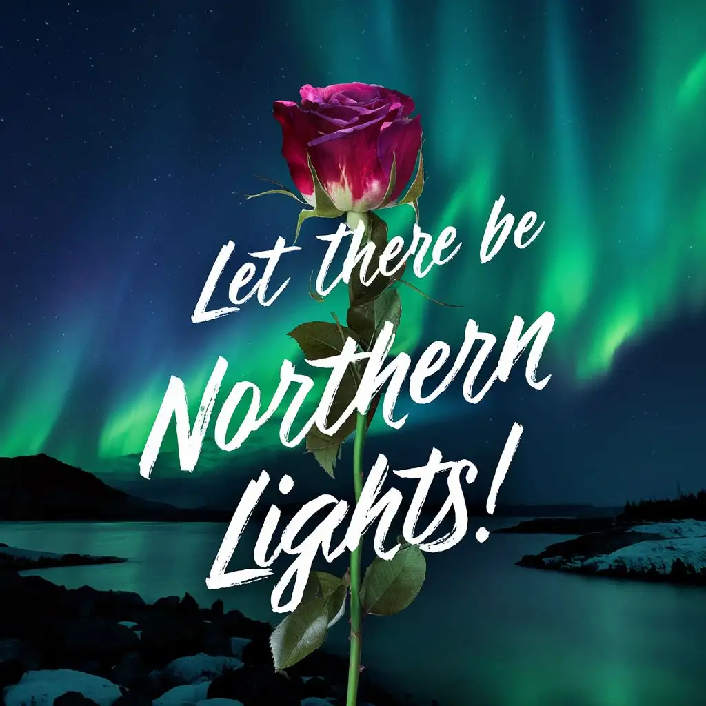 logo, A bleeding Rose with the northern lights in the backround, with the text "Let There Be Northern Lights!", typography