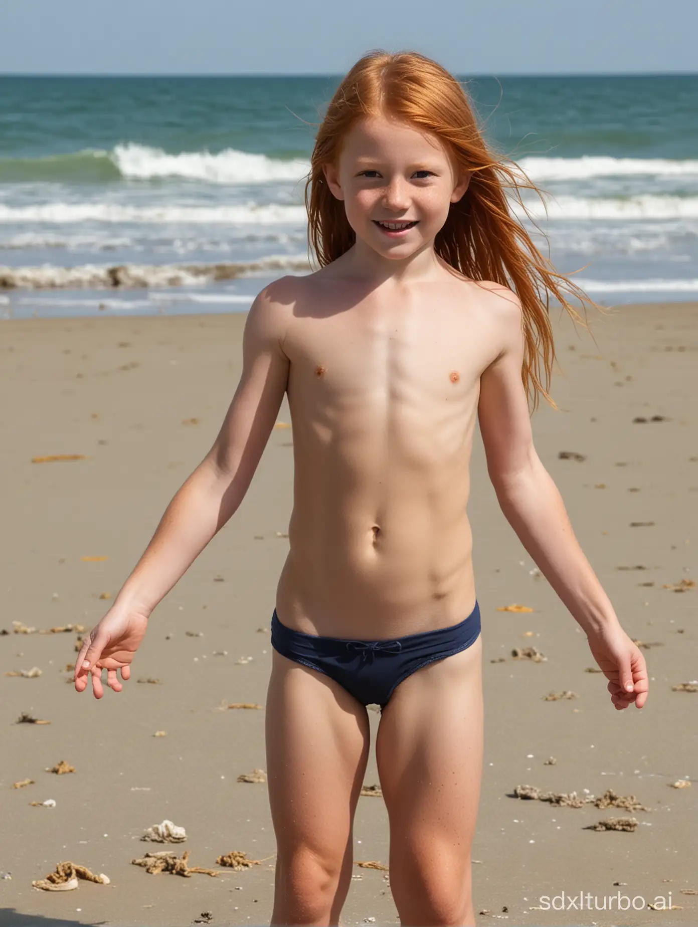 7 years old, long ginger hair, flat chested, very muscular abs, showing her belly, Odessa Beach