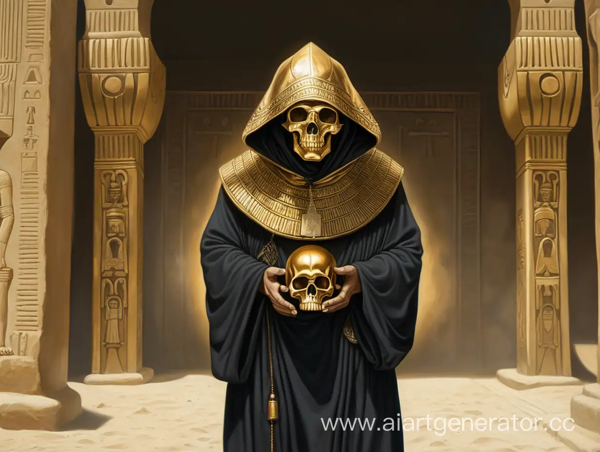 A monk in a golden mask in the form of a skull under a hood in a black robe. IN EGYPT