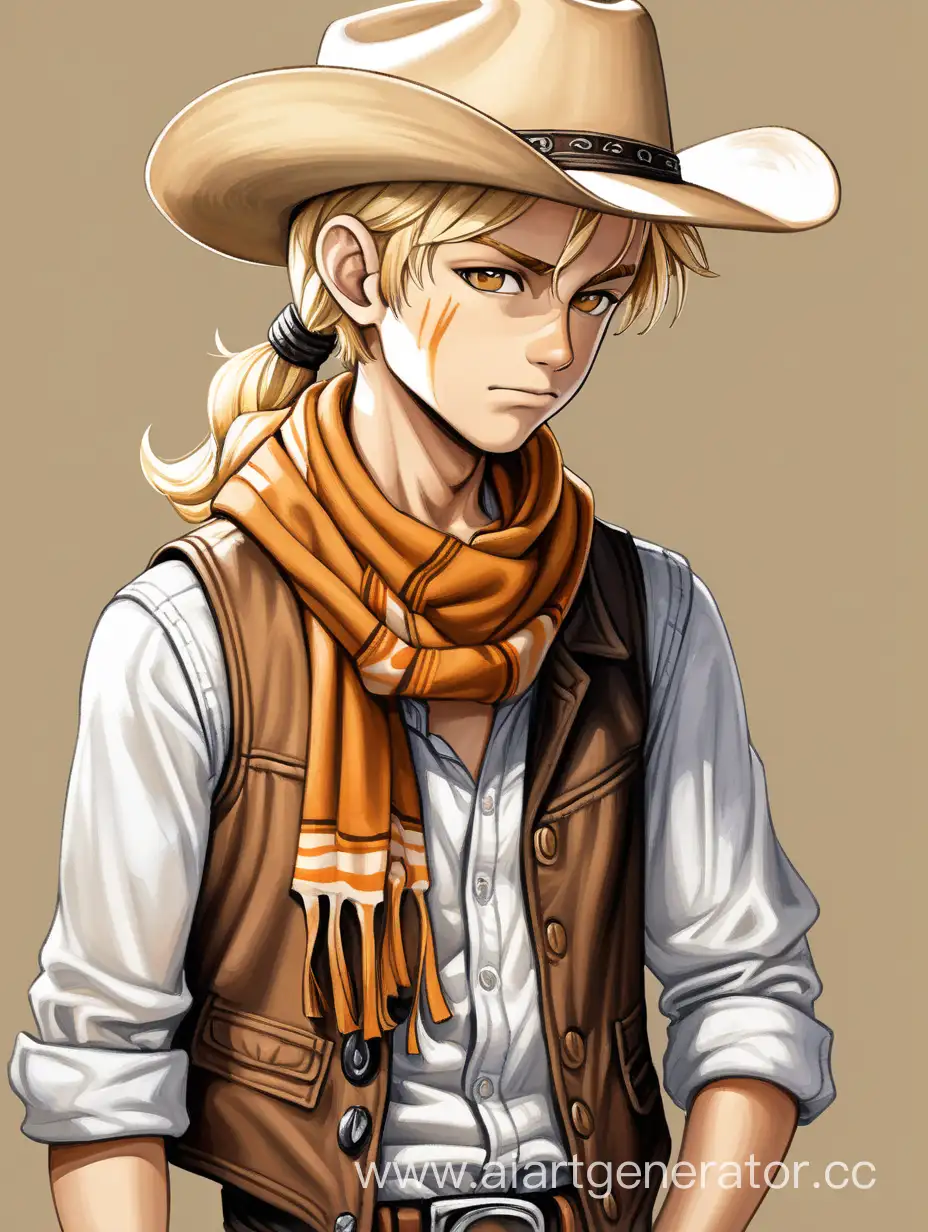 Blond-Boy-Tying-Hair-with-Cowboy-Hat-and-Scarf