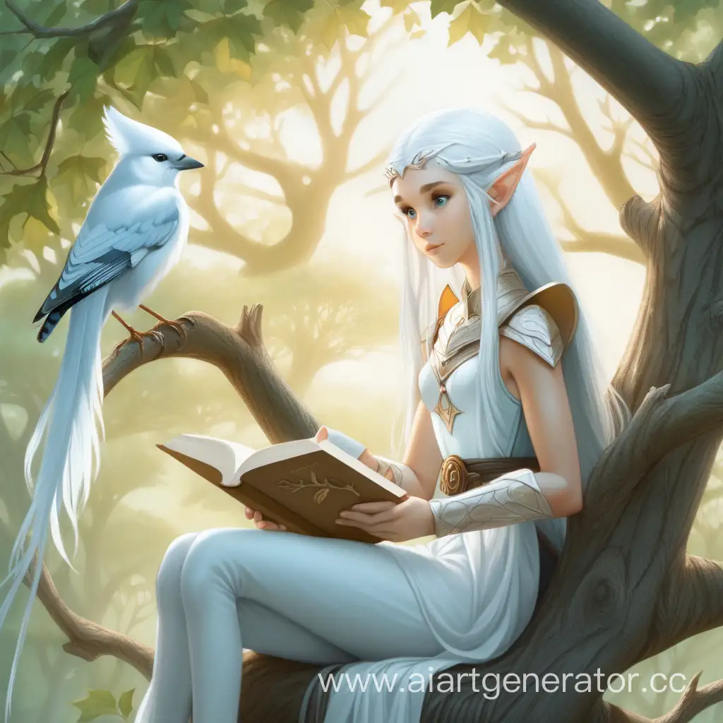 Enchanting-WhiteHaired-Elf-Girl-Reading-with-a-Companion-White-Jay-on-Tree-Branch