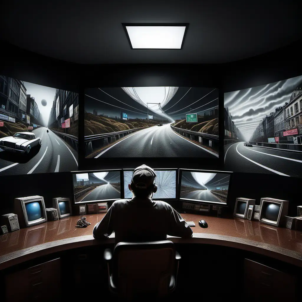 Engineer Designing FourDimensional Highway at Mahogany Desk Realistic BanksyInspired Photography