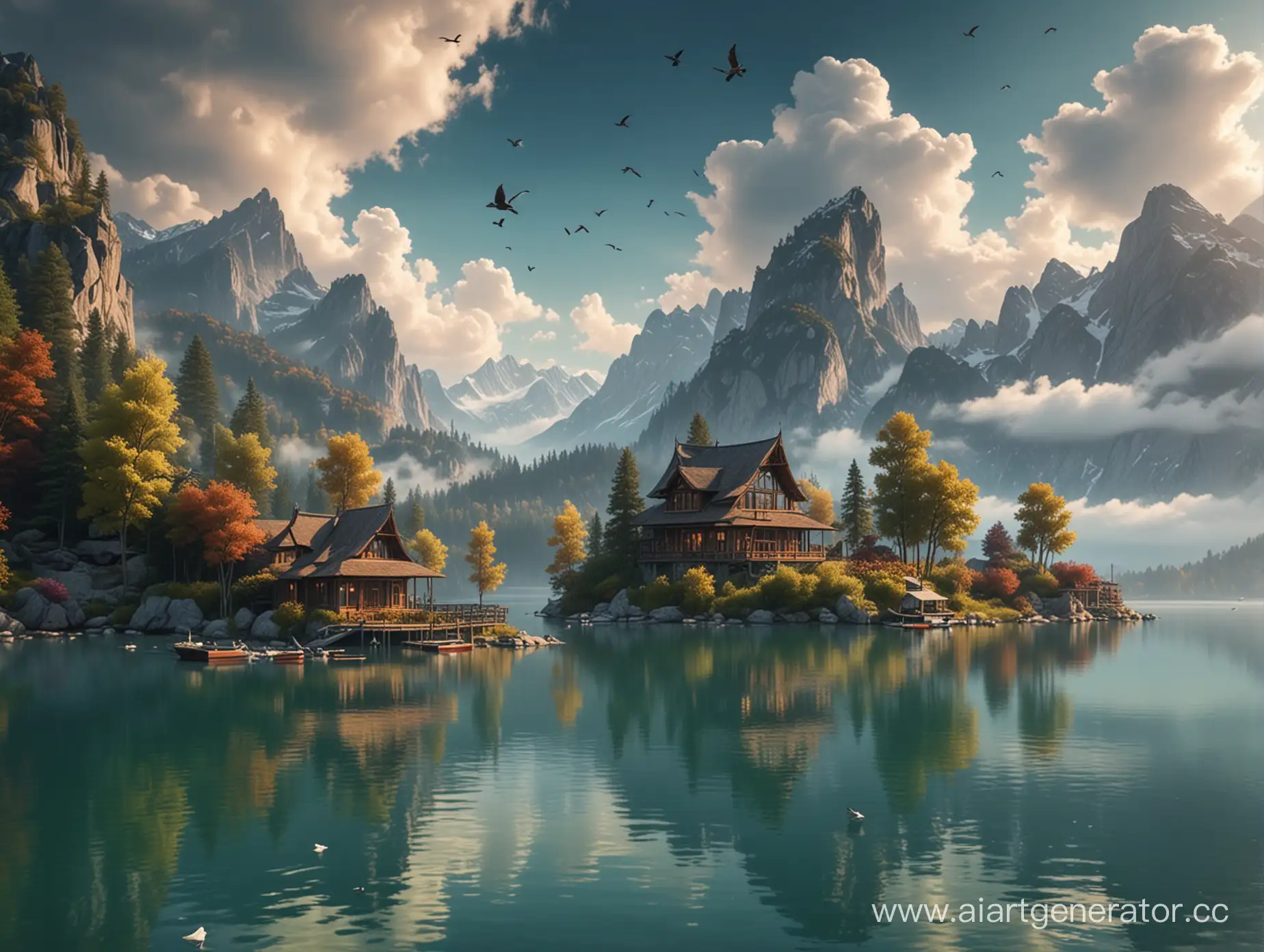 Majestic-Eastern-Style-House-Nestled-Amidst-CloudKissed-Mountains-and-Serene-Lake-with-Yacht-and-Flock-of-Birds-4K-Magic-Romance