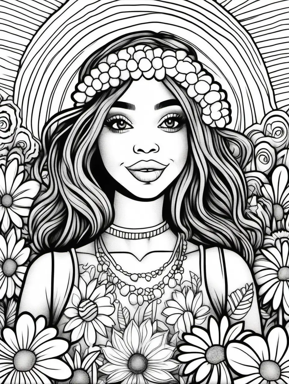 clean line art,simple,black and white,coloring book page,black hippy girl,picking flower,happy,trippy,,bohemian,boho