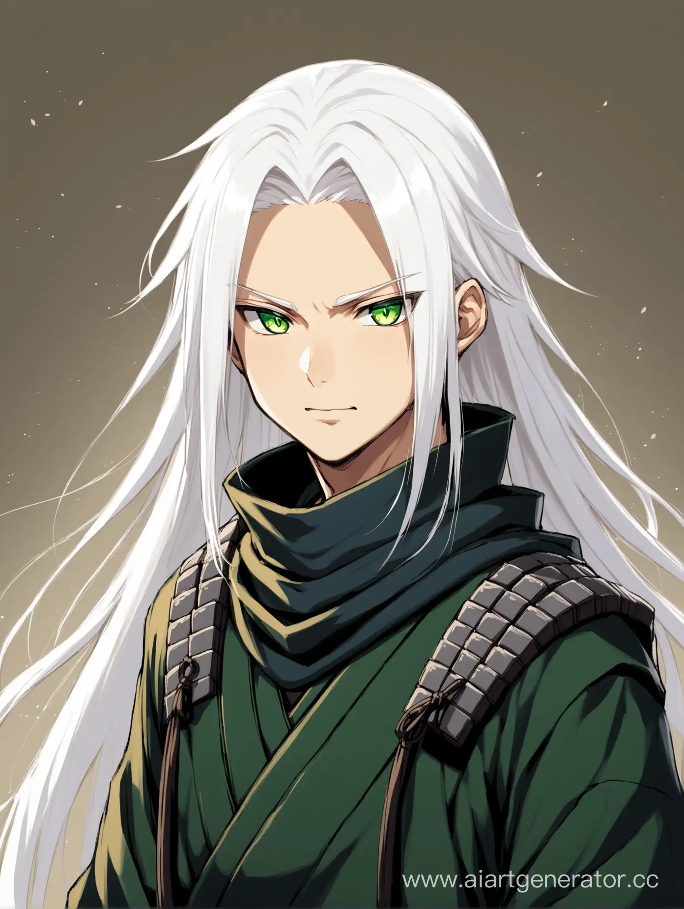 long white hair, shinobi boy with green eyes, son of Kimimaro Kaguya