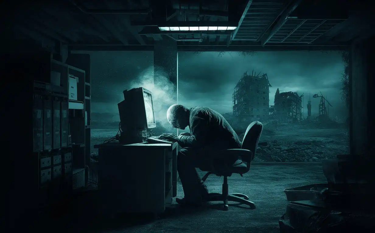 warehouse office, computer, apocalypse, 4:3, horror, 