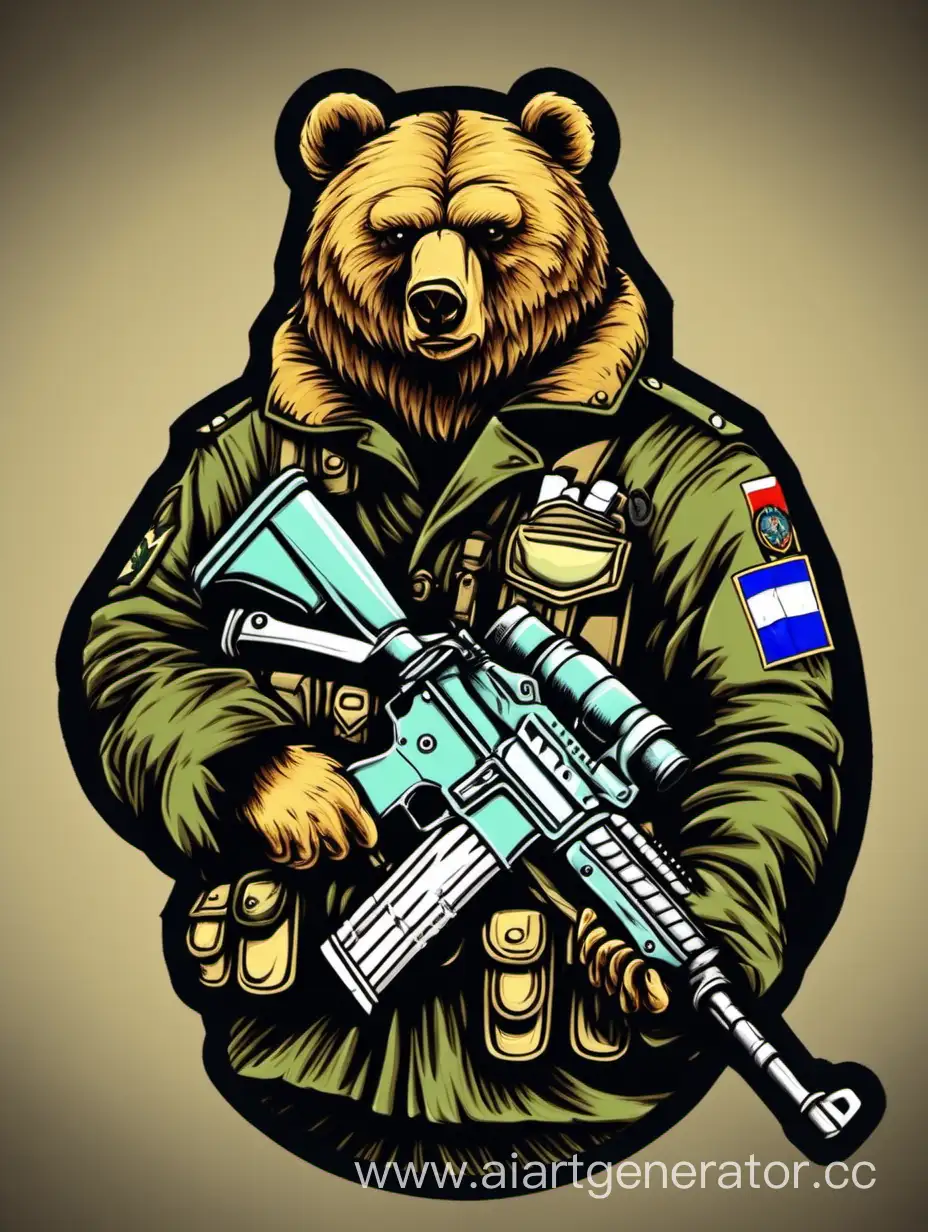нашивка, военный стиль, медведь РФ в военной форме в разгрузке, автомат в руках