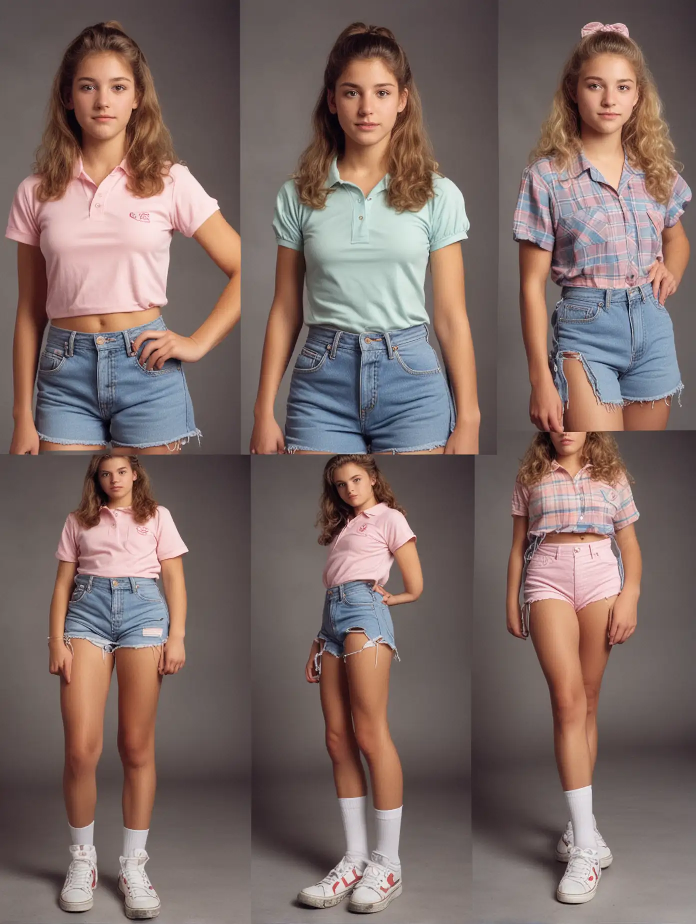 Old photos of American school girls from the 80s and 90s facing the camera, 18 years old, full body photos