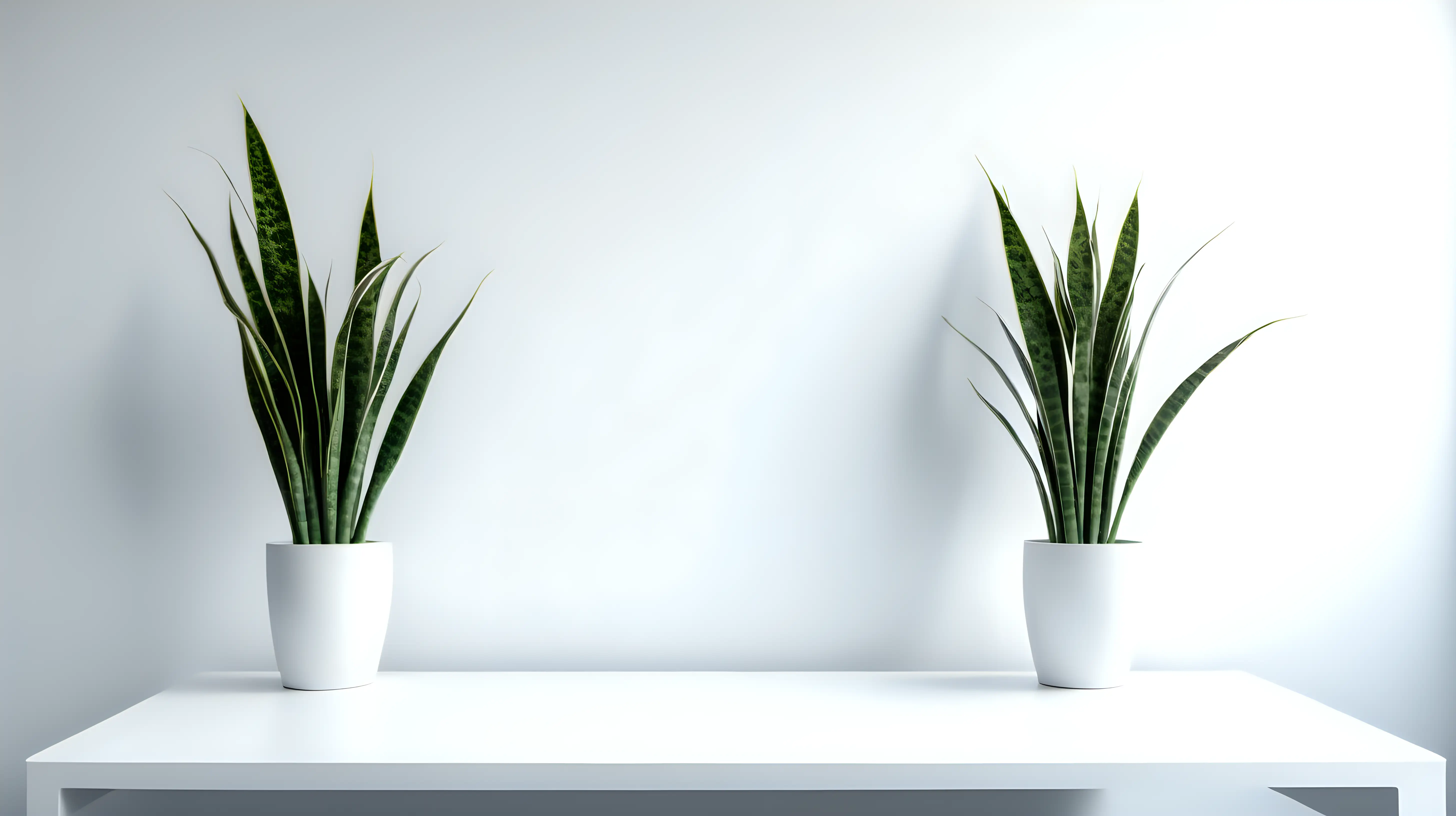 Empty white clear wall. Working desk in front of the wall. Two the same snake plants, one on the left and one on the right. Futuristic, minimalistic, artistic. Closer to the wall. Closeup. Long desk closeup.