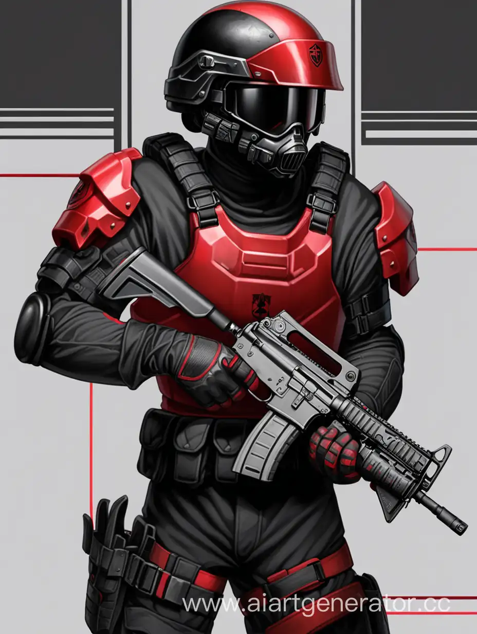 Парень, короткая стрижка, чёрные волосы, чёрные боевые перчатки, красная рубашка, чёрные брюки, чёрный шлем, чёрный бронежилет с красными линиями, широкая челюсть, В правой руке АКМС

