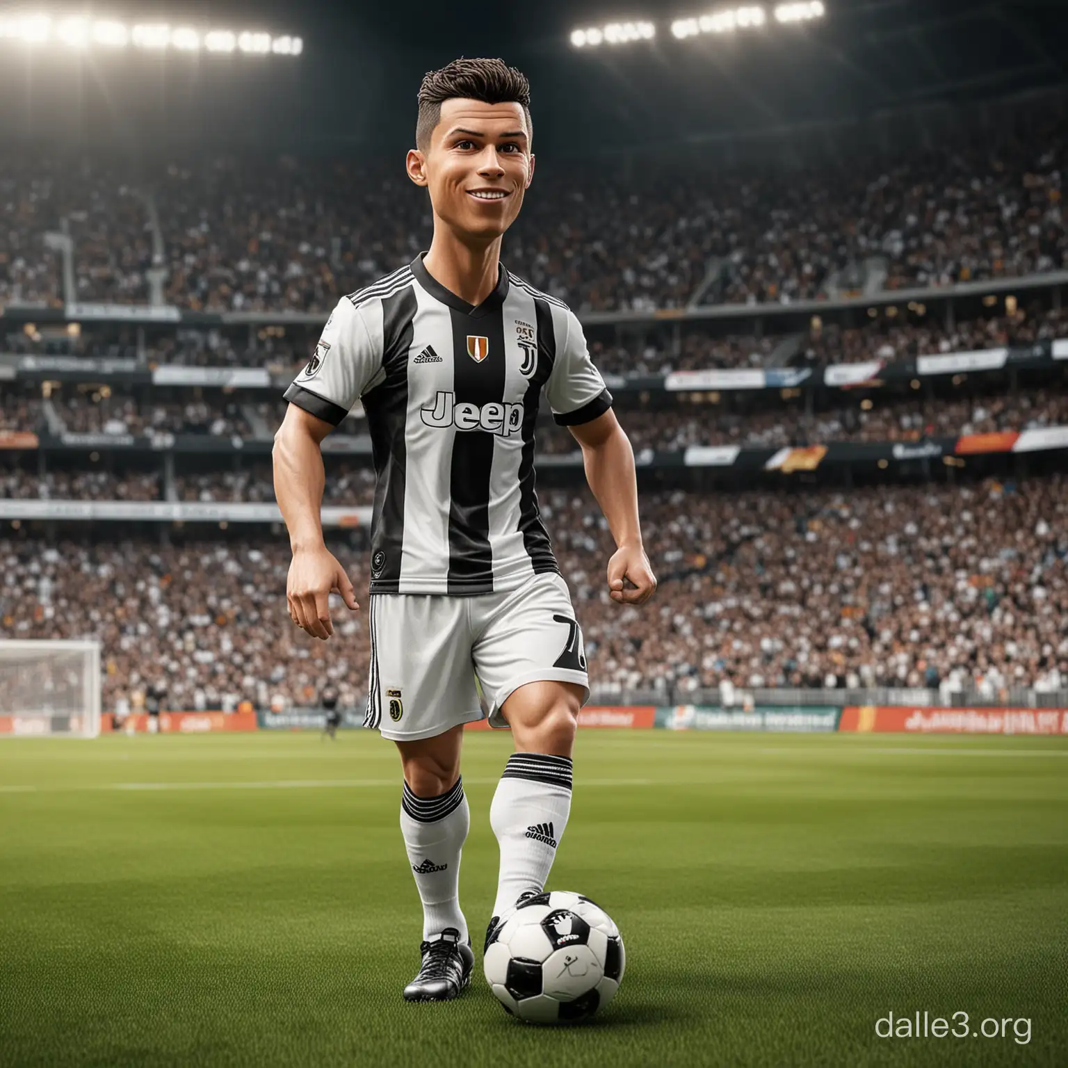 Realistic 4D caricature of 25 Cristiano Ronaldo wearing Juventus jersey, white socks, Adidas football boots, right hand holding the ball, football stadium background, HD quality, cool pose.