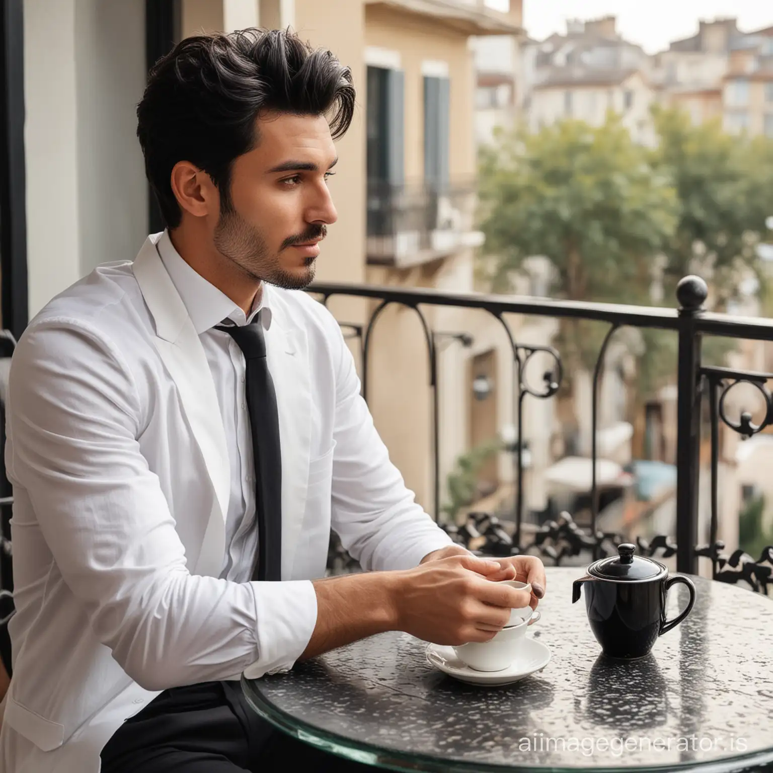 Stylish man with blqck gentleman hairs  in balcony tea on the table