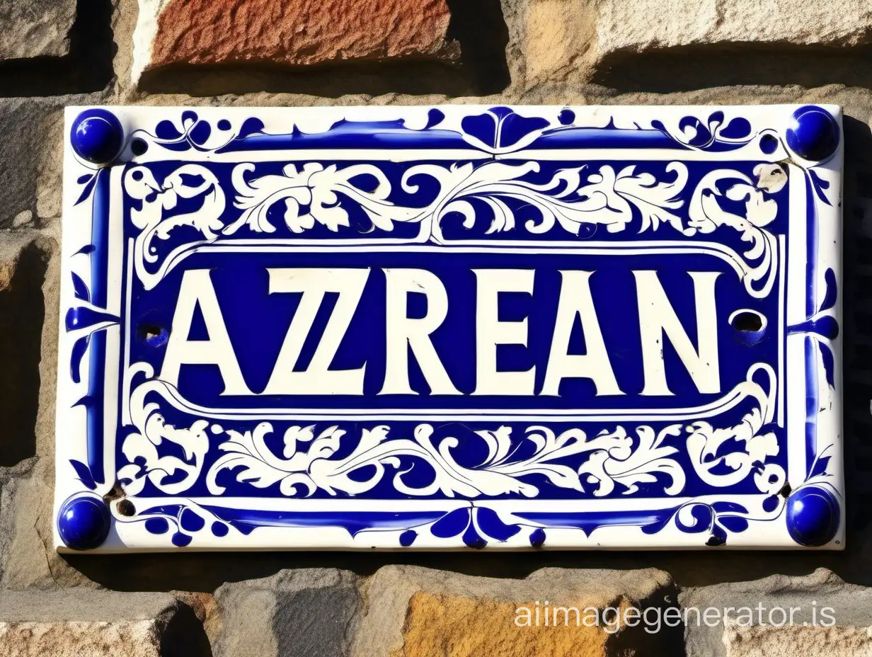 Portuguese tile cobalt blue and white rectangular name plate on Azorean stone sea cottage wall