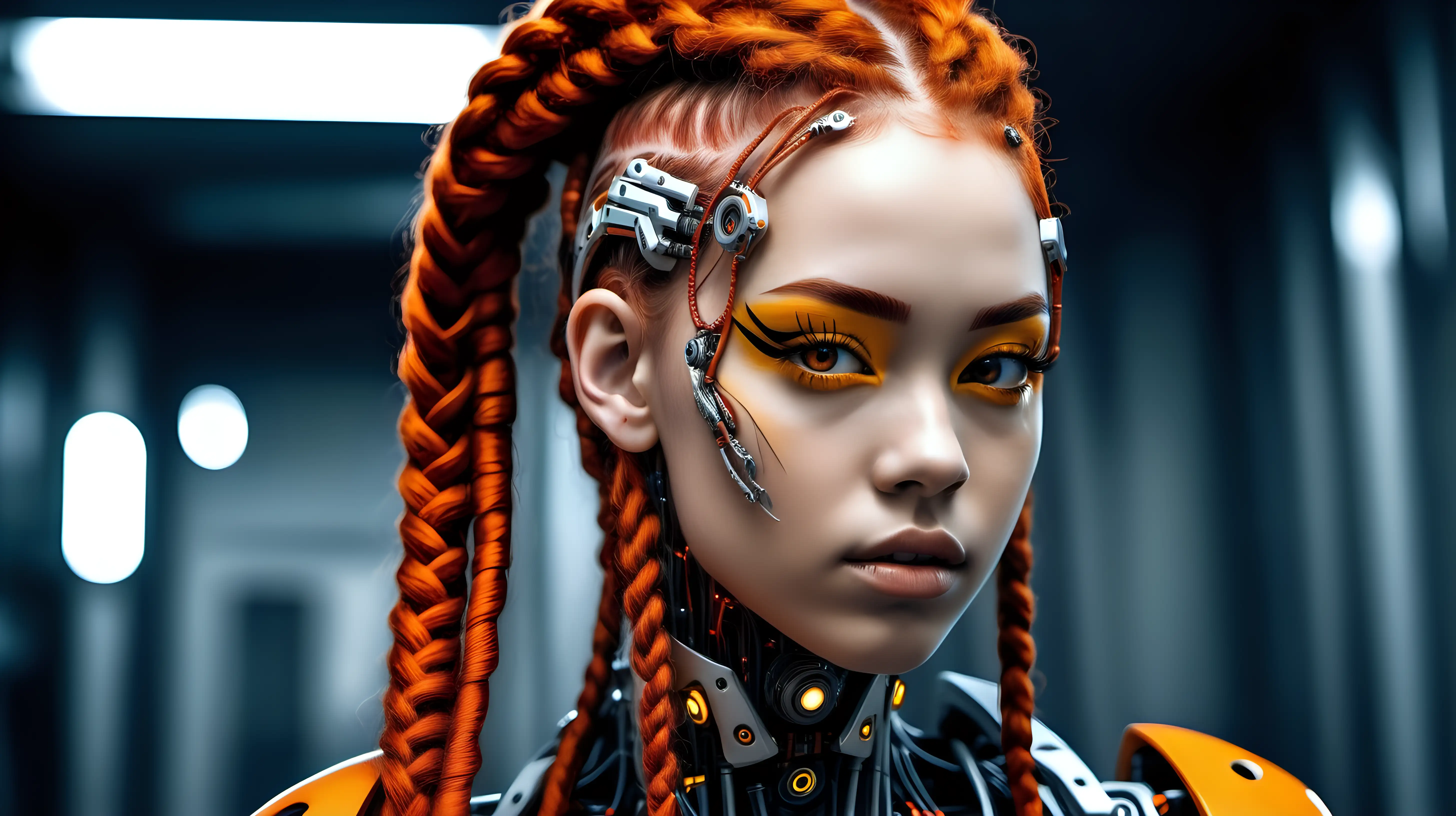 Gorgeous cyborg woman, 18 years old. She has a cyborg face, but she is extremely beautiful. Wild hair, futuristic braids. Red braids, yellow, braids, black braids. Many braids. European cyborg woman, white woman cyborg. Orange