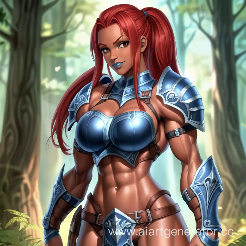 Warrior-Woman-in-Scarlet-Red-Hair-and-Blue-Full-Body-Armor-Flexing-Muscles-in-Fantasy-Forest