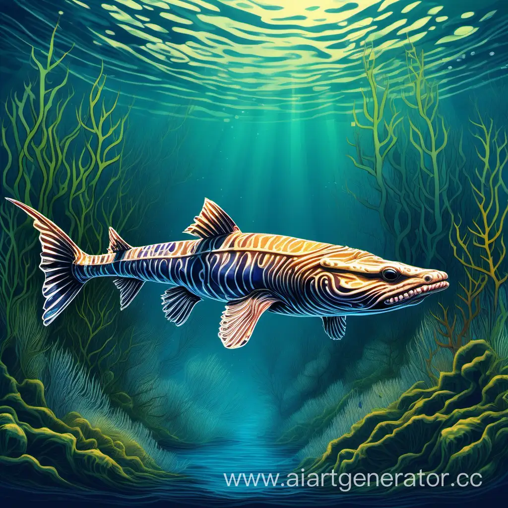 Colorful-Sturgeon-Swimming-in-Blue-Algae-Waters