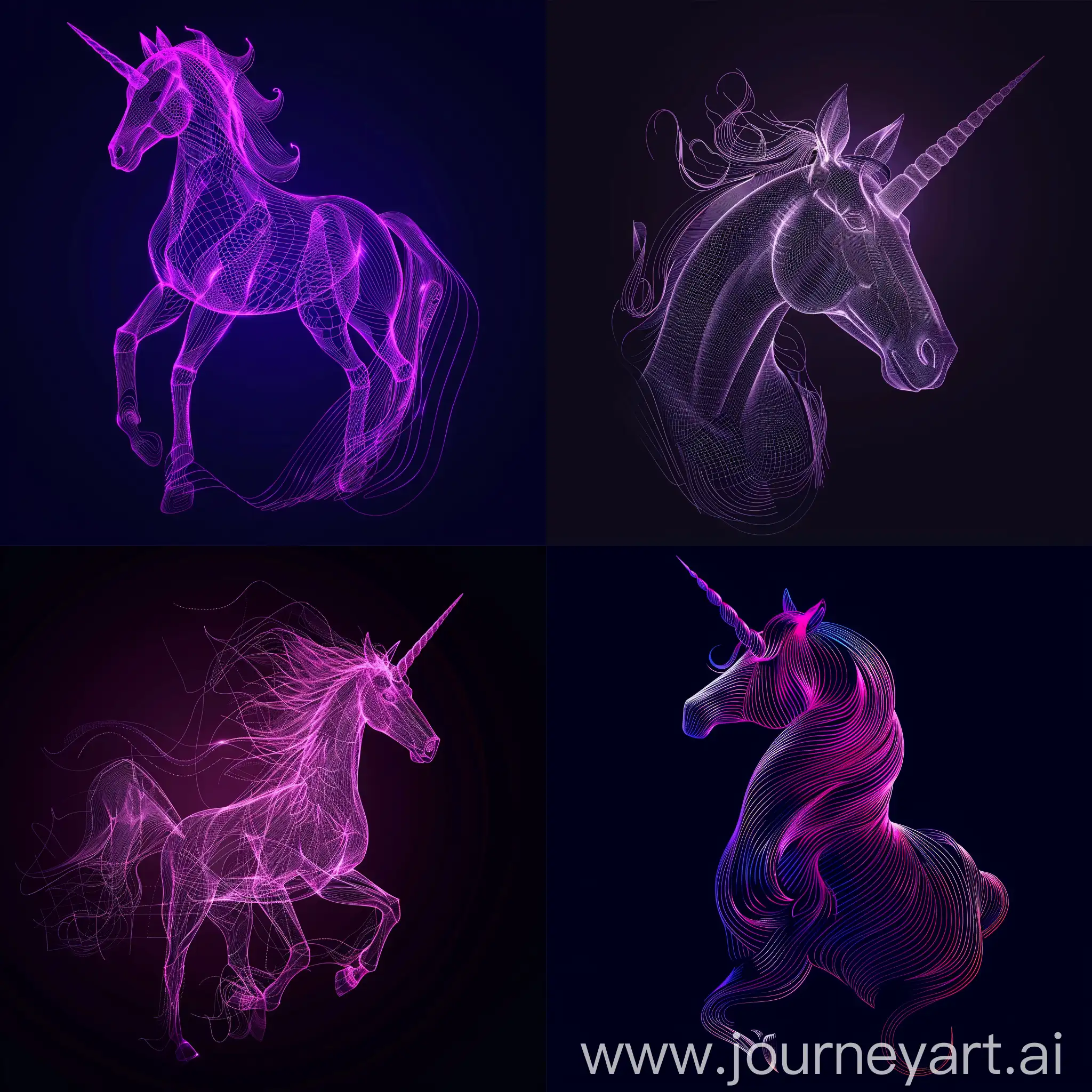 A graphic image of a neon unicorn. Dark background. Purple is digital. It is made only of lines.
