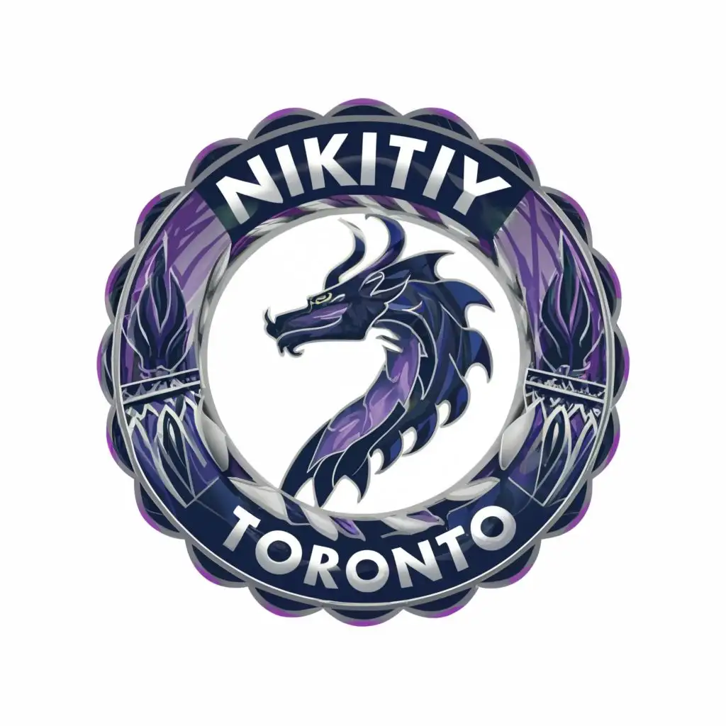 logo, The logo represents a round shape with the inscription "NIKITIY" in the center and below the inscription "Toronto". The background of the logo is in shades of purple. Around the circular logo is a purple dragon, symbolizing strength, power, and the uniqueness of the brand. The overall style of the logo is in dark purple tones, giving it a mysterious and elegant look., with the text "NIKITIY", typography